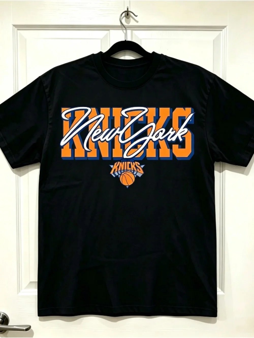 New York Knicks Orange Blue Contrast Printed Black T-shirt Unisex